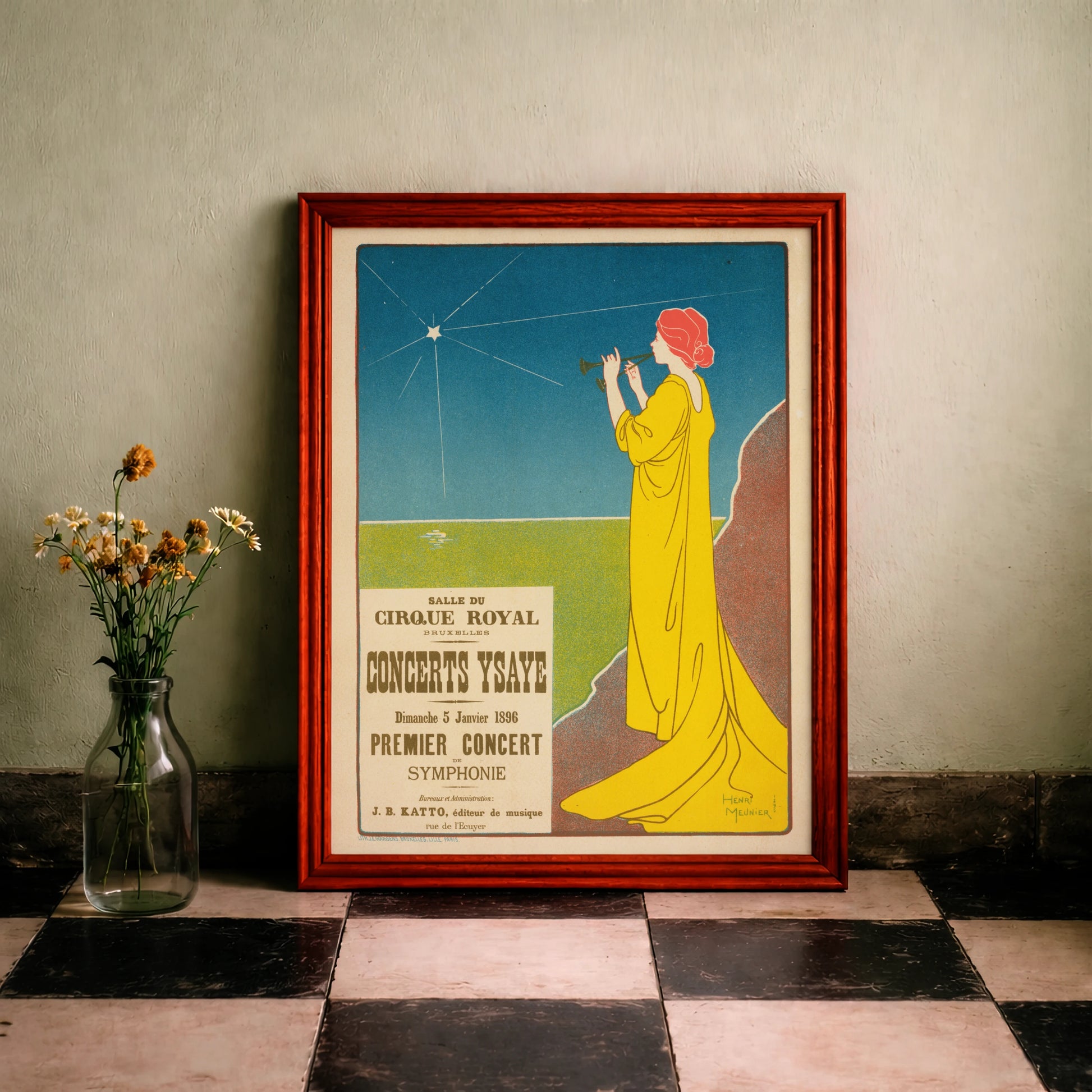 Illustration einer Frau vor Meereskulisse unter einem Sternenhimmel im Jugendstil.