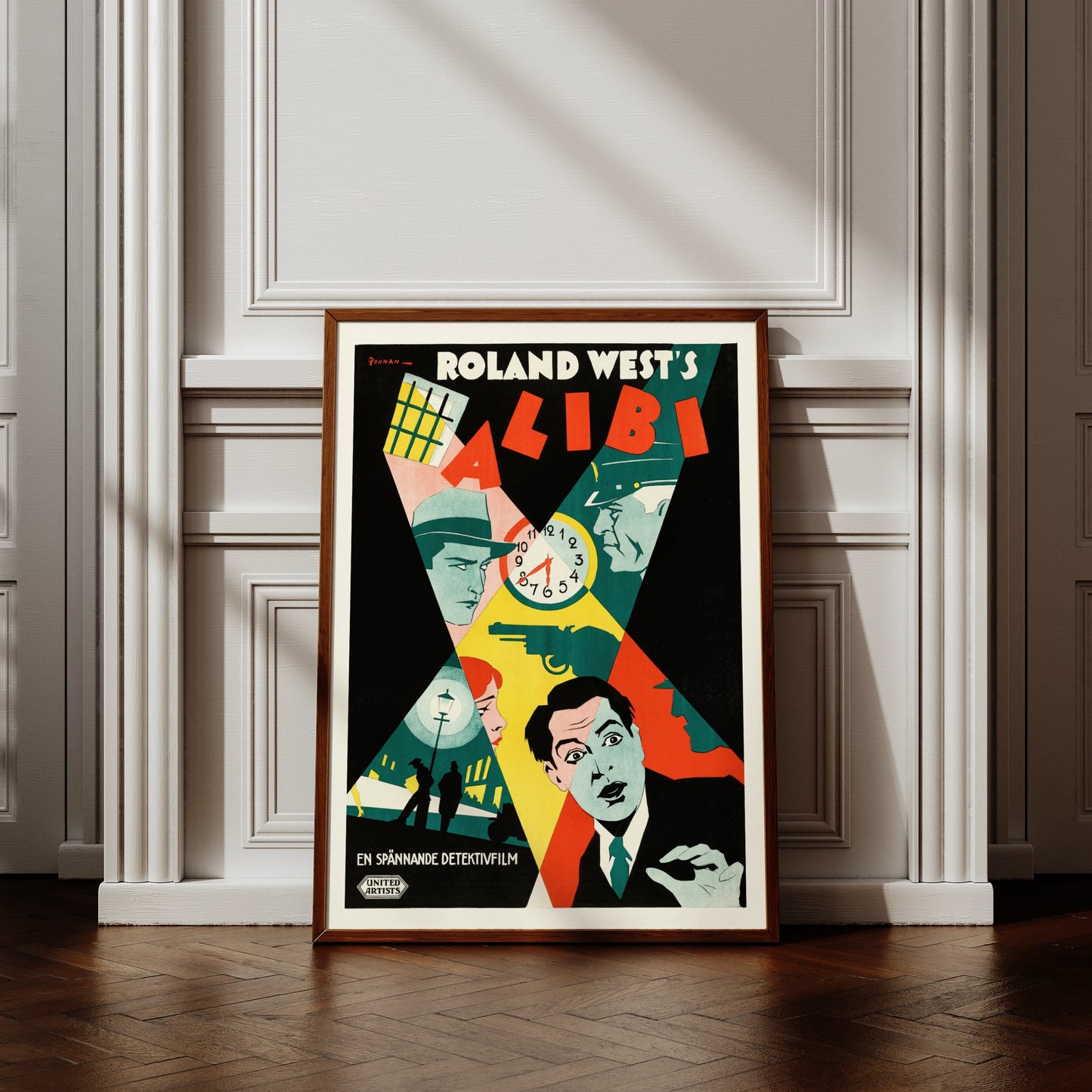 Grafisches Kriminalfilm-Poster mit Pistole, Uhr und Gesichtern im Art Déco Stil.
