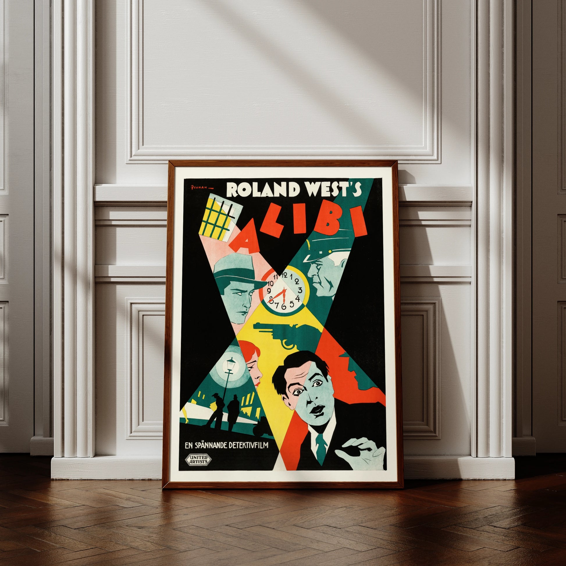 Grafisches Kriminalfilm-Poster mit Pistole, Uhr und Gesichtern im Art Déco Stil.