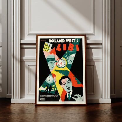 Grafisches Kriminalfilm-Poster mit Pistole, Uhr und Gesichtern im Art Déco Stil.