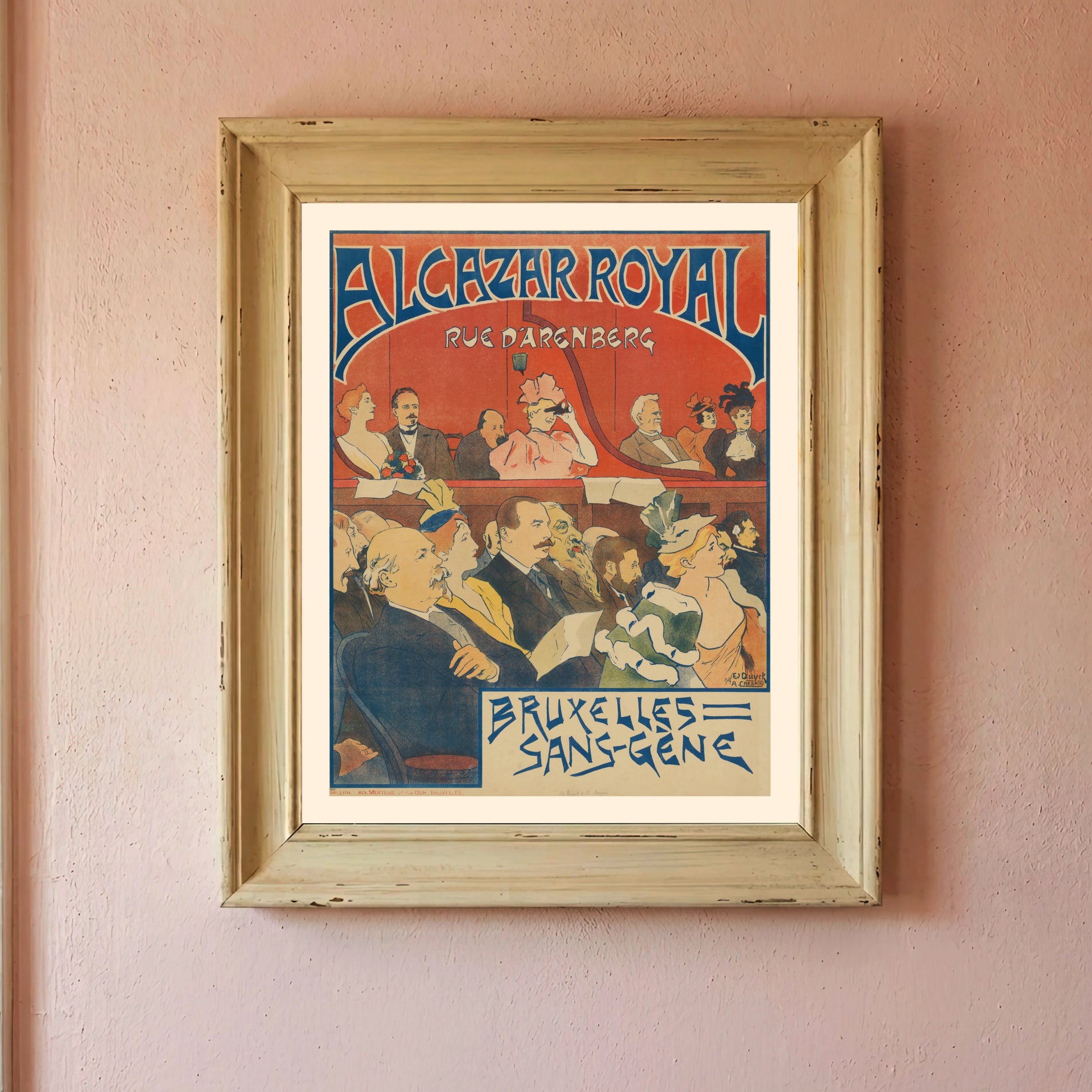 Vintage Belgisches Theaterplakat von 1894 mit detaillierten Porträts.