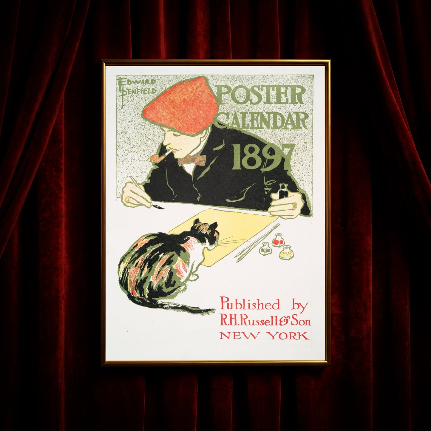 Historisches Plakatmotiv Poster Calendar 1897 mit Pfeife rauchendem Illustrator.