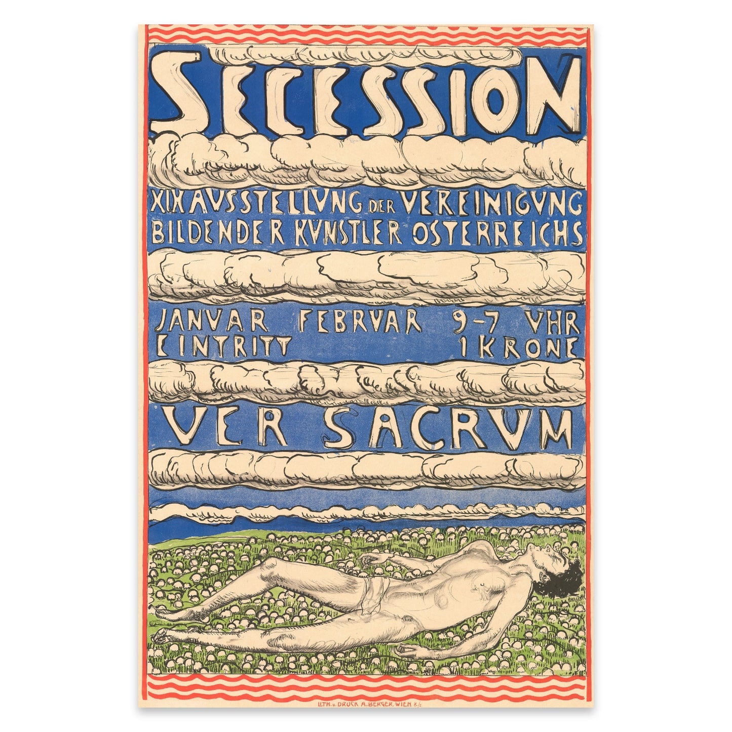 Jugendstil Kunstdruck mit Schweizer Symbolismus Elementen und blauen Textelementen.