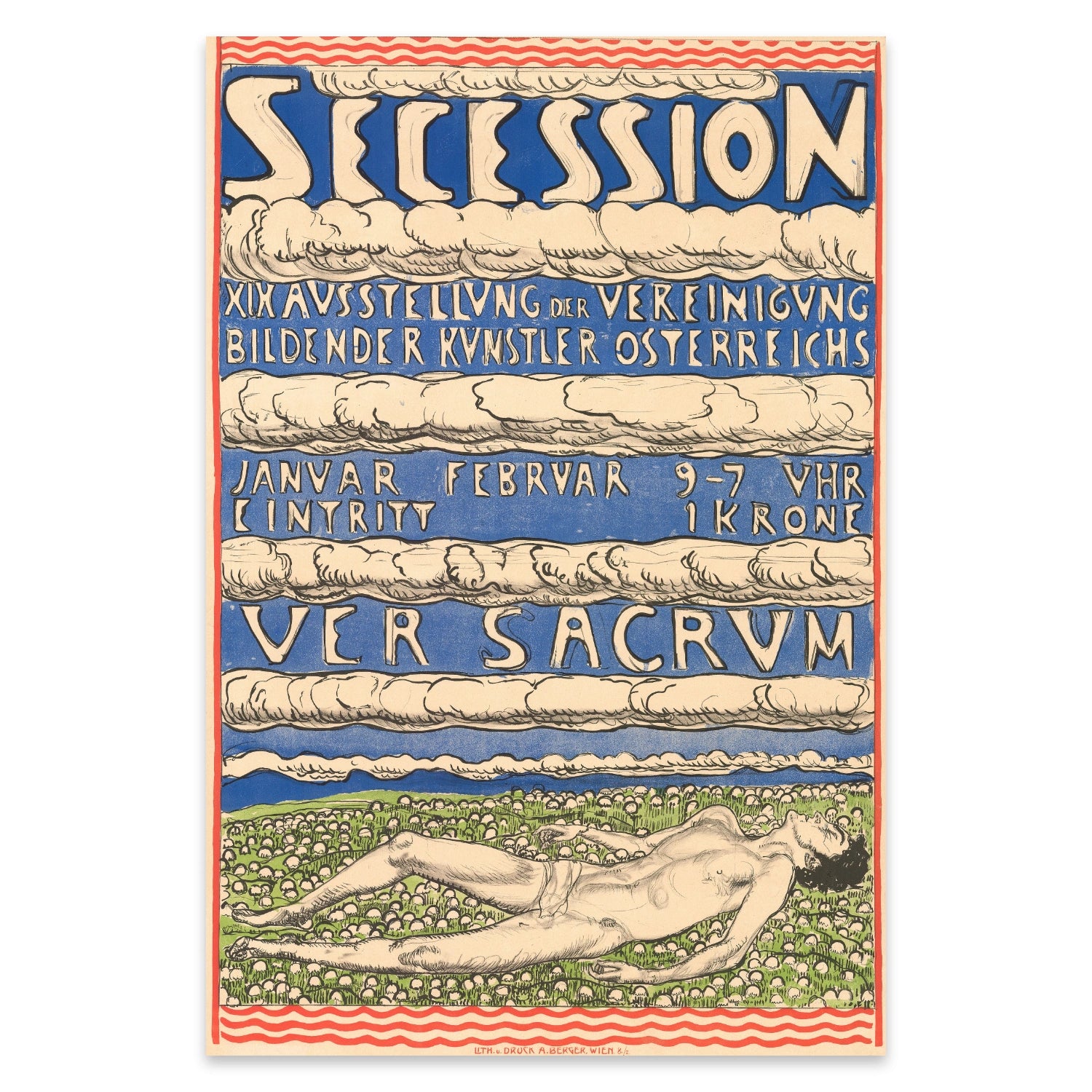 Jugendstil Kunstdruck mit Schweizer Symbolismus Elementen und blauen Textelementen.