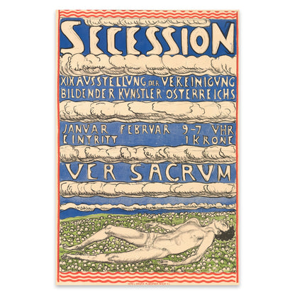 Jugendstil Kunstdruck mit Schweizer Symbolismus Elementen und blauen Textelementen.