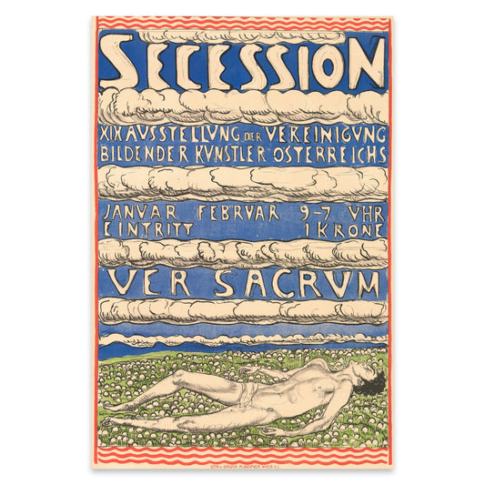 Jugendstil Kunstdruck mit Schweizer Symbolismus Elementen und blauen Textelementen.