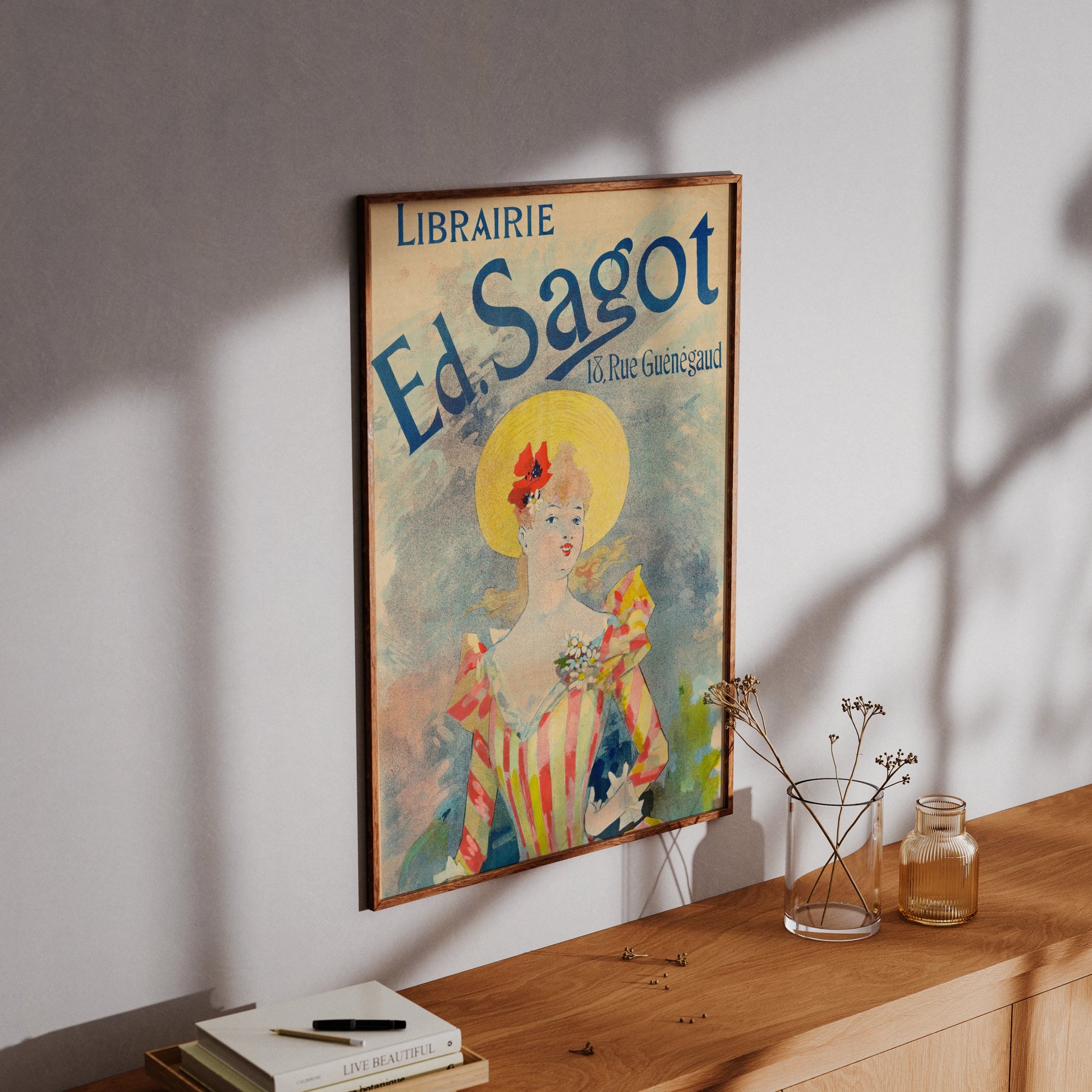 Kunstdruck einer Frau in einem gestreiften Kleid auf einem Jules Chéret Poster.