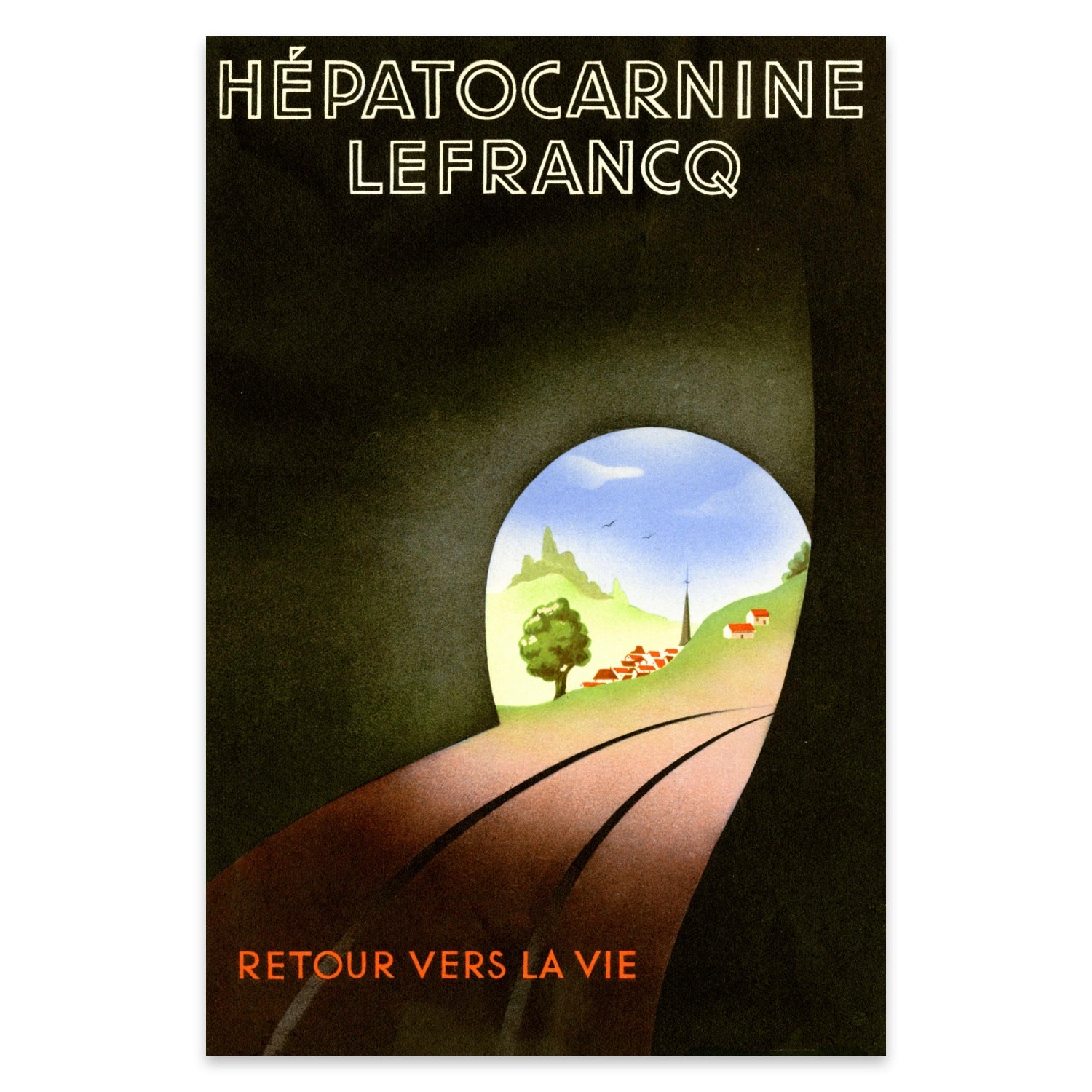 Retro-Poster mit Gleisen, die aus einem Tunnel in eine grüne Landschaft führen.