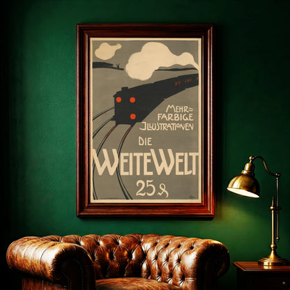 Grafisches Poster im Jugendstil für die Zeitschrift Die weite Welt mit Eisenbahn und Windmühle.