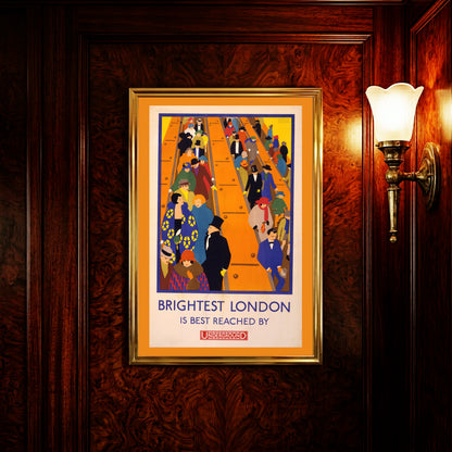 Illustratives Plakat 'Brightest London' von Horace Taylor mit elegant gekleideten Personen.