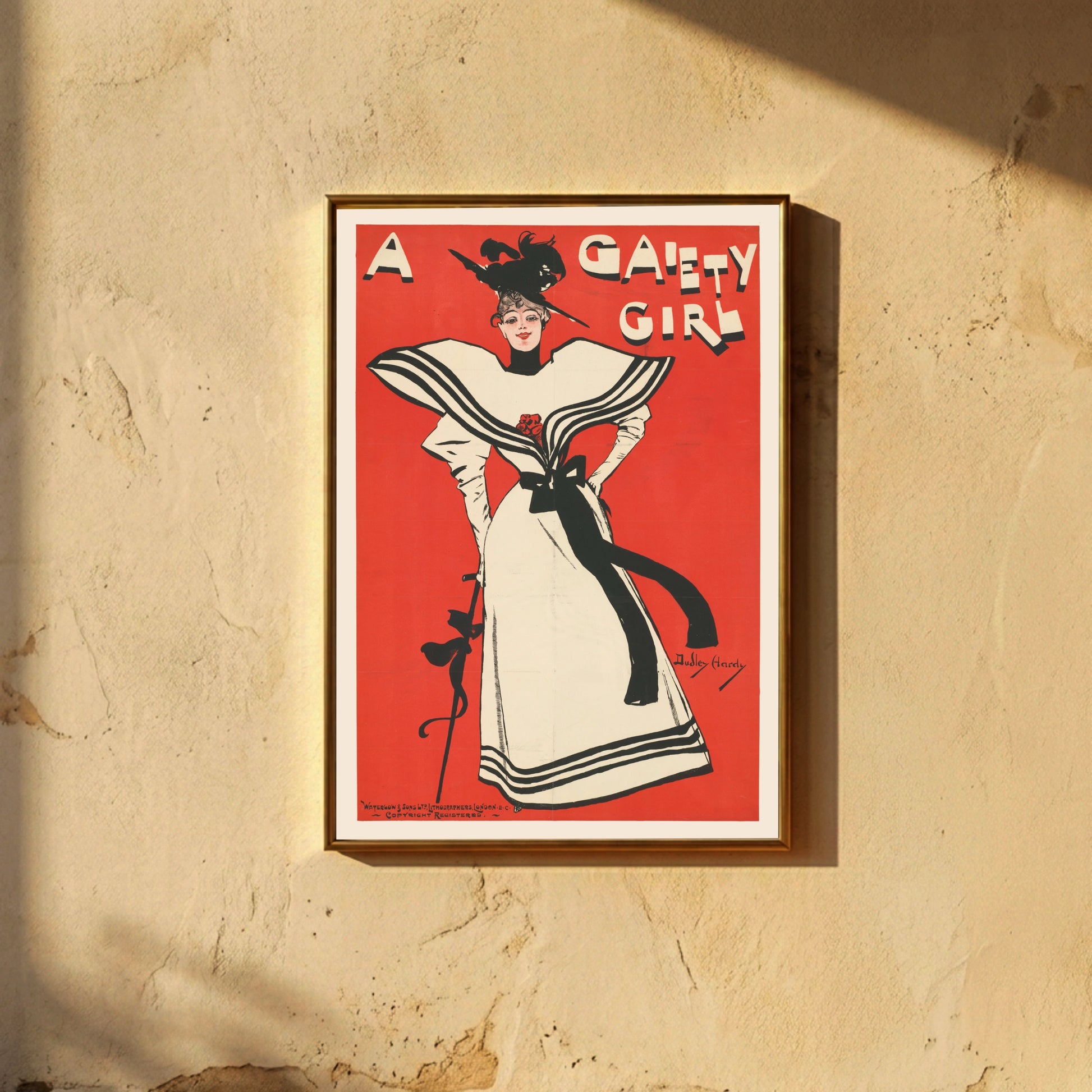 Vintage Theater-Poster Gaiety Girl von 1894 in kontrastreichem Rot, Weiß und Schwarz.