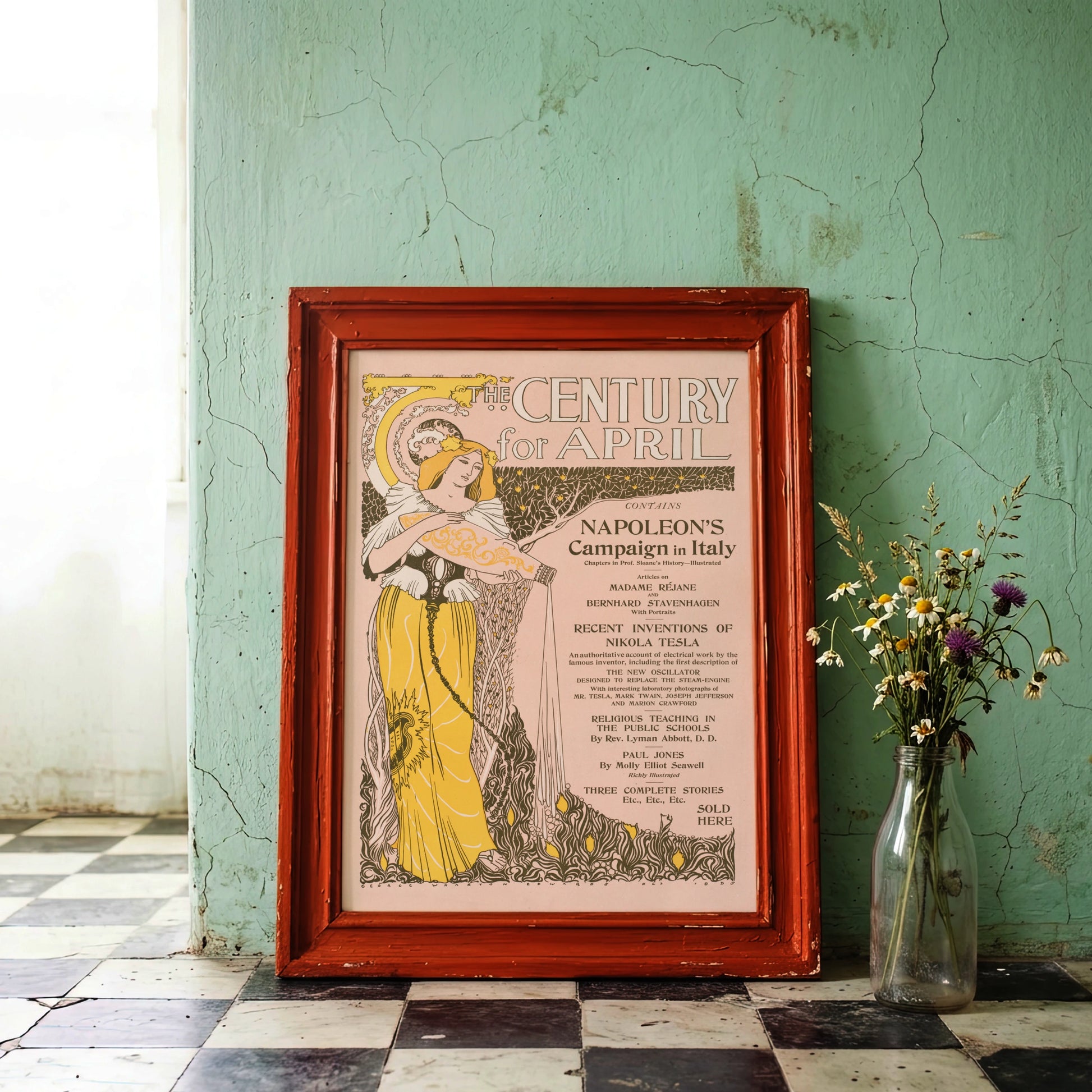 Vintage Kunstplakat in Rosa und Gelb mit floralen Elementen und klassischer Typografie.