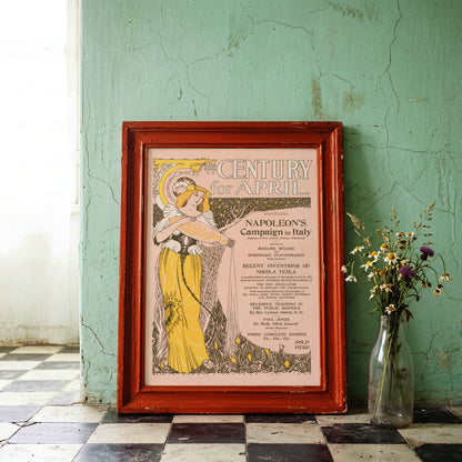 Vintage Kunstplakat in Rosa und Gelb mit floralen Elementen und klassischer Typografie.