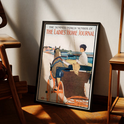 Edward Penfield Illustration einer Frau mit Pferdekutsche vor einer Küstenlandschaft.
