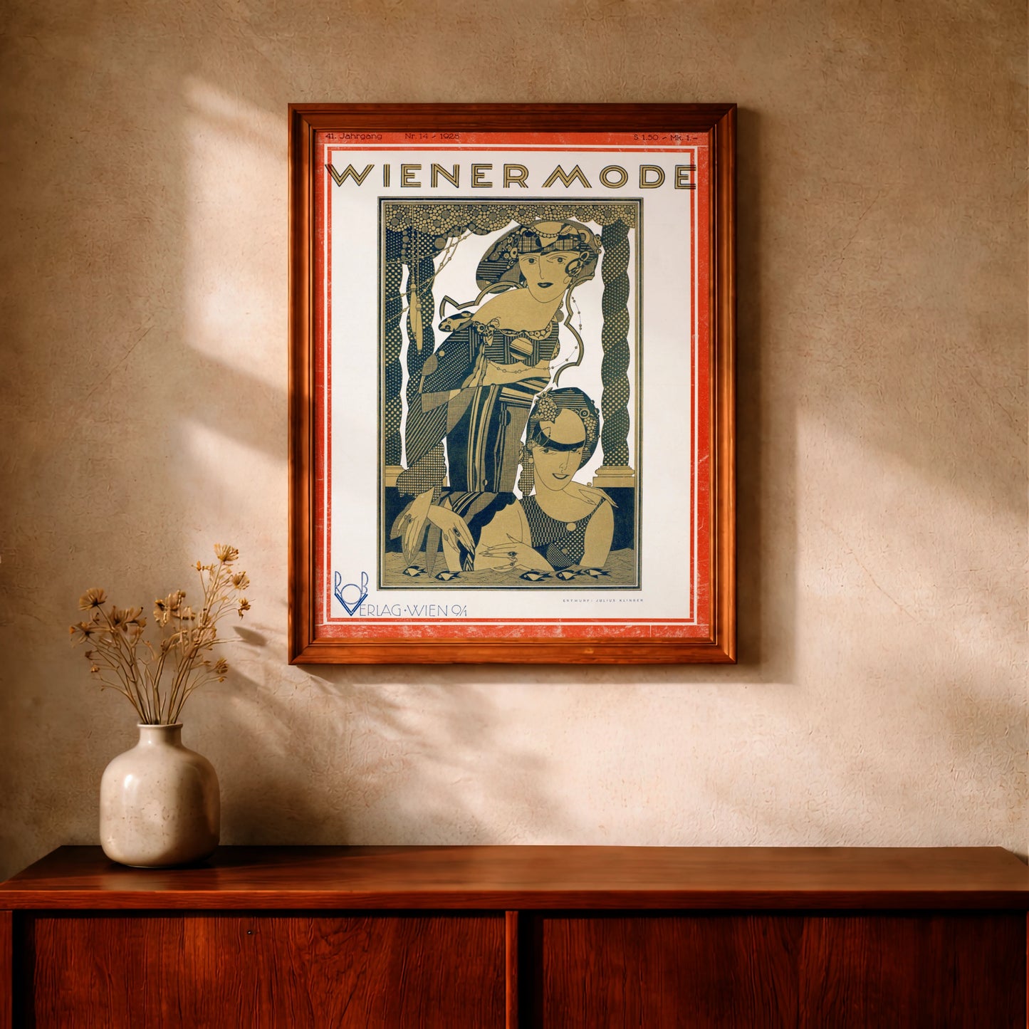 Ocker-schwarzes Vintage-Poster mit zwei Frauenmotiven und geometrischen Mustern.