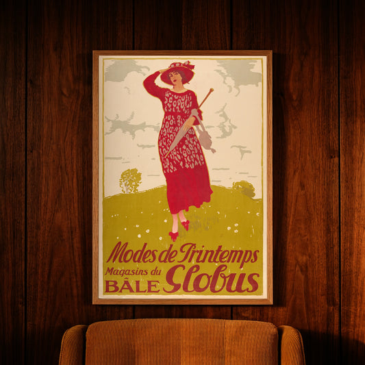 Illustration einer eleganten Dame der 20er Jahre auf einer Frühlingswiese, Werbeplakat von Jules Courvoisier.