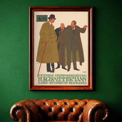 Grafisches Poster mit Herrenmode-Motiv, einem Mann mit Melone und Gehstock im Fokus.