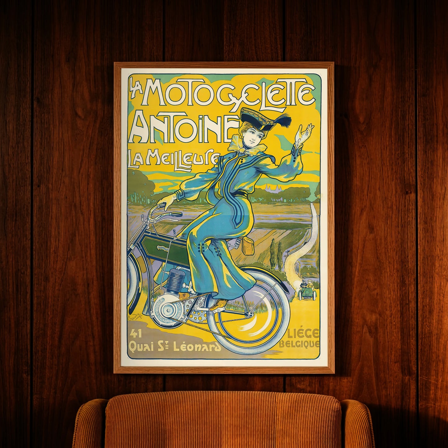 Georges Gaudy Illustration einer Frau in fließendem blauem Kleid auf einem Motorrad von 1899.