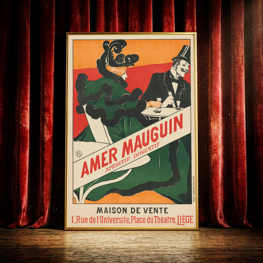 Belgisches Vintage-Poster von Émile Berchmans mit schwarzer Pelzboa und orangenem Hintergrund.