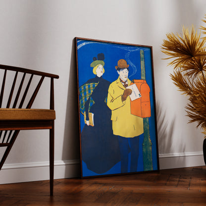 Historisches Plakat mit markanten blauen, gelben und orangefarbenen Kontrasten.