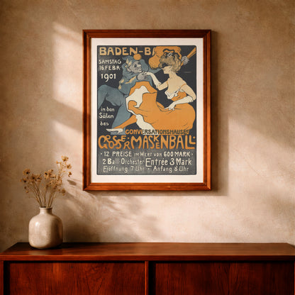Farbenfrohe Illustration eines maskierten Tanzpaares in Orange und Blau.