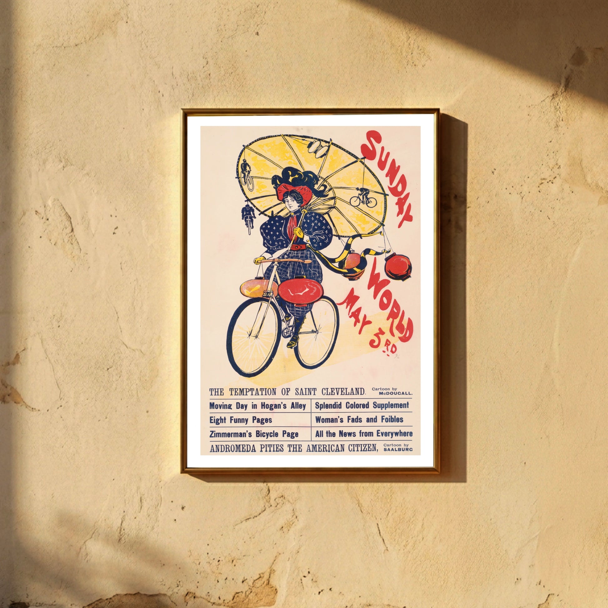Historisches Werbeplakat der Sunday World von 1896 mit einer Frau auf einem Fahrrad.