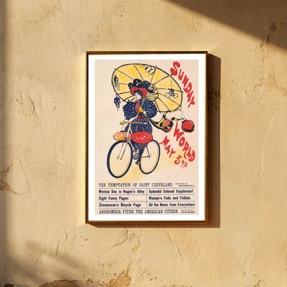 Historisches Werbeplakat der Sunday World von 1896 mit einer Frau auf einem Fahrrad.
