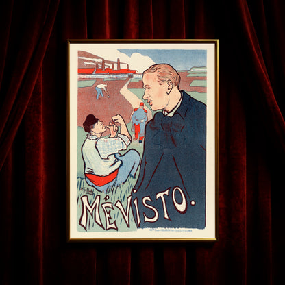 Vorderansicht des Mévisto Posters mit Arbeitern und Fabrikgebäuden im Hintergrund.