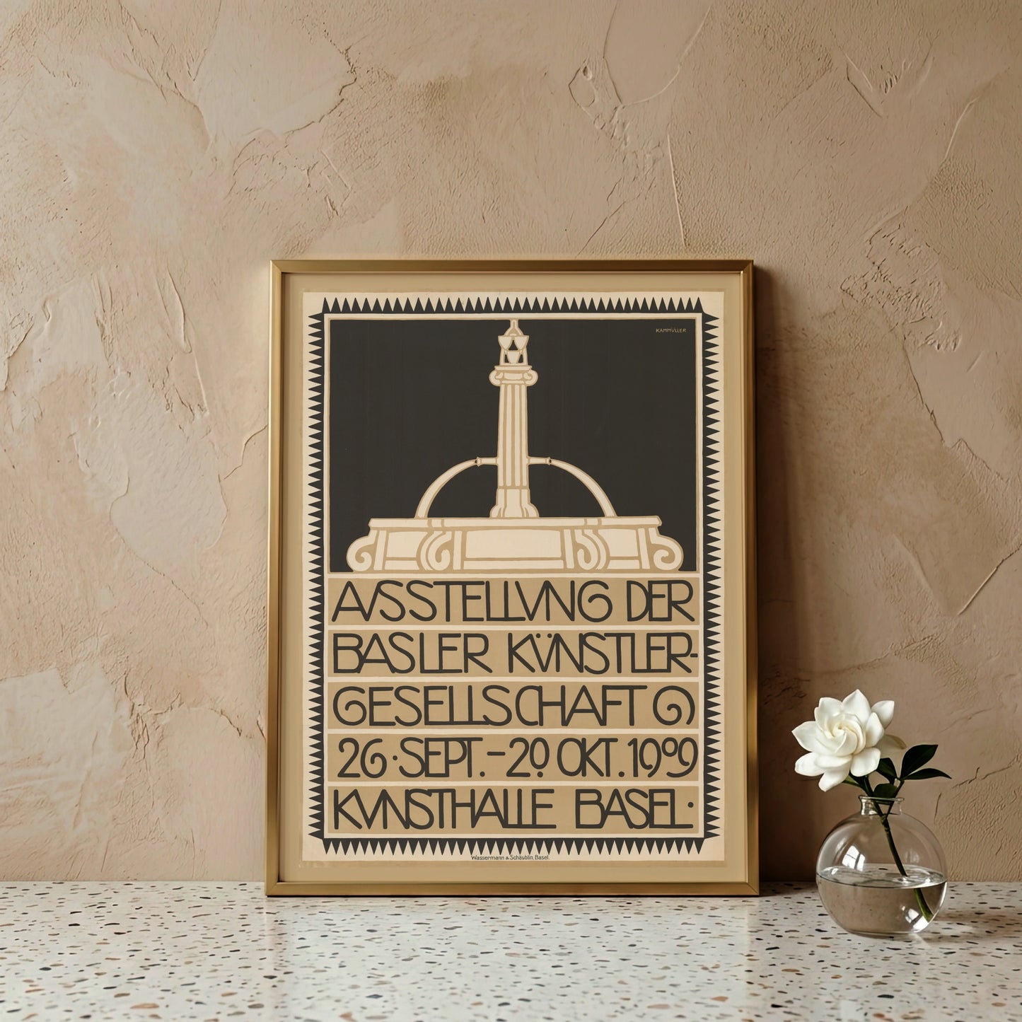 Grafisches Vintage-Poster von Paul Kammüller für die Kunsthalle Basel in Creme und Schwarz.