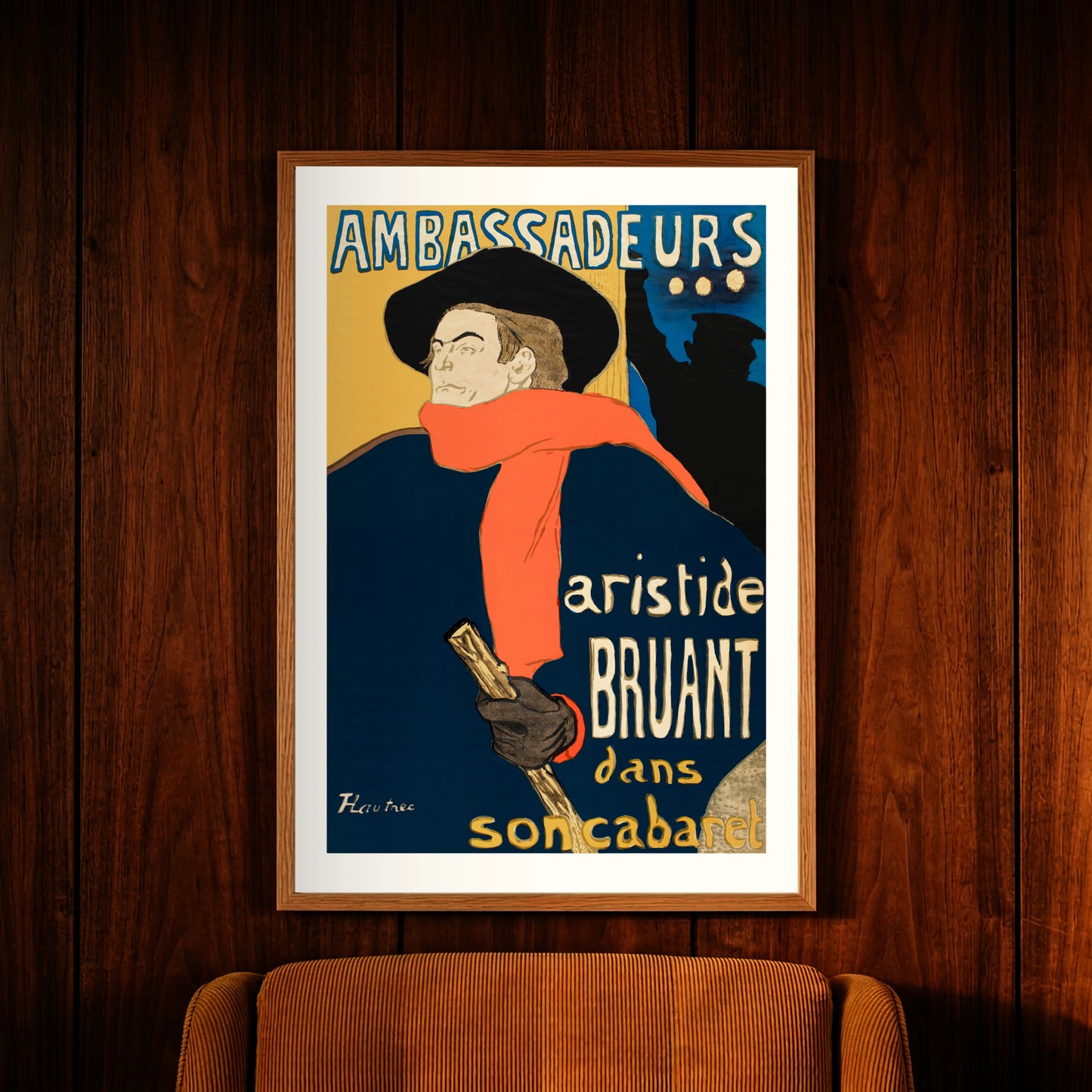 Vorderansicht des Aristide Bruant Plakats Les Ambassadeurs im Stil des Post-Impressionismus.