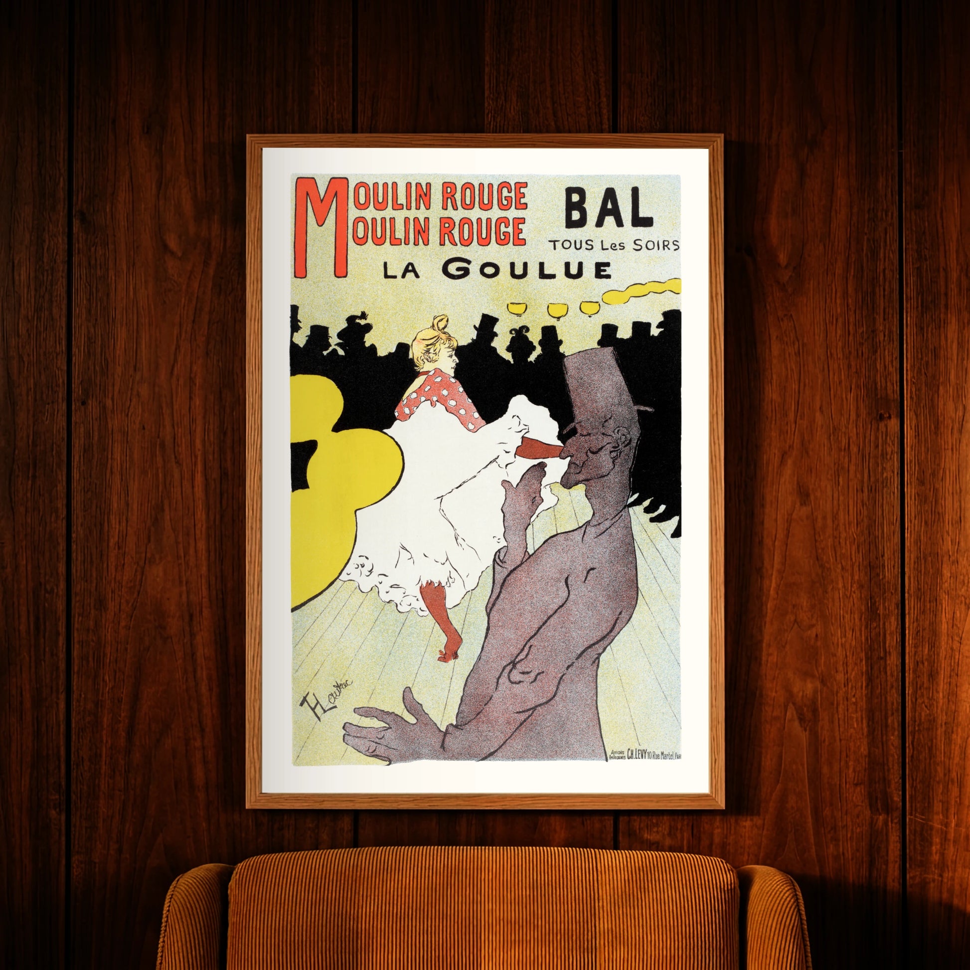 Vorderansicht der tanzenden La Goulue im Moulin Rouge mit Valentin le Désossé im Vordergrund.