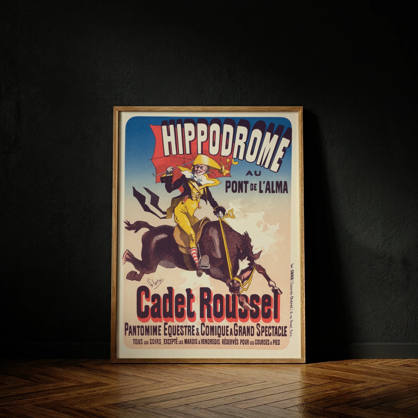 Historisches Werbeplakat Hippodrome au Pont de l'Alma von 1898 in Gelb, Rot und Blau.
