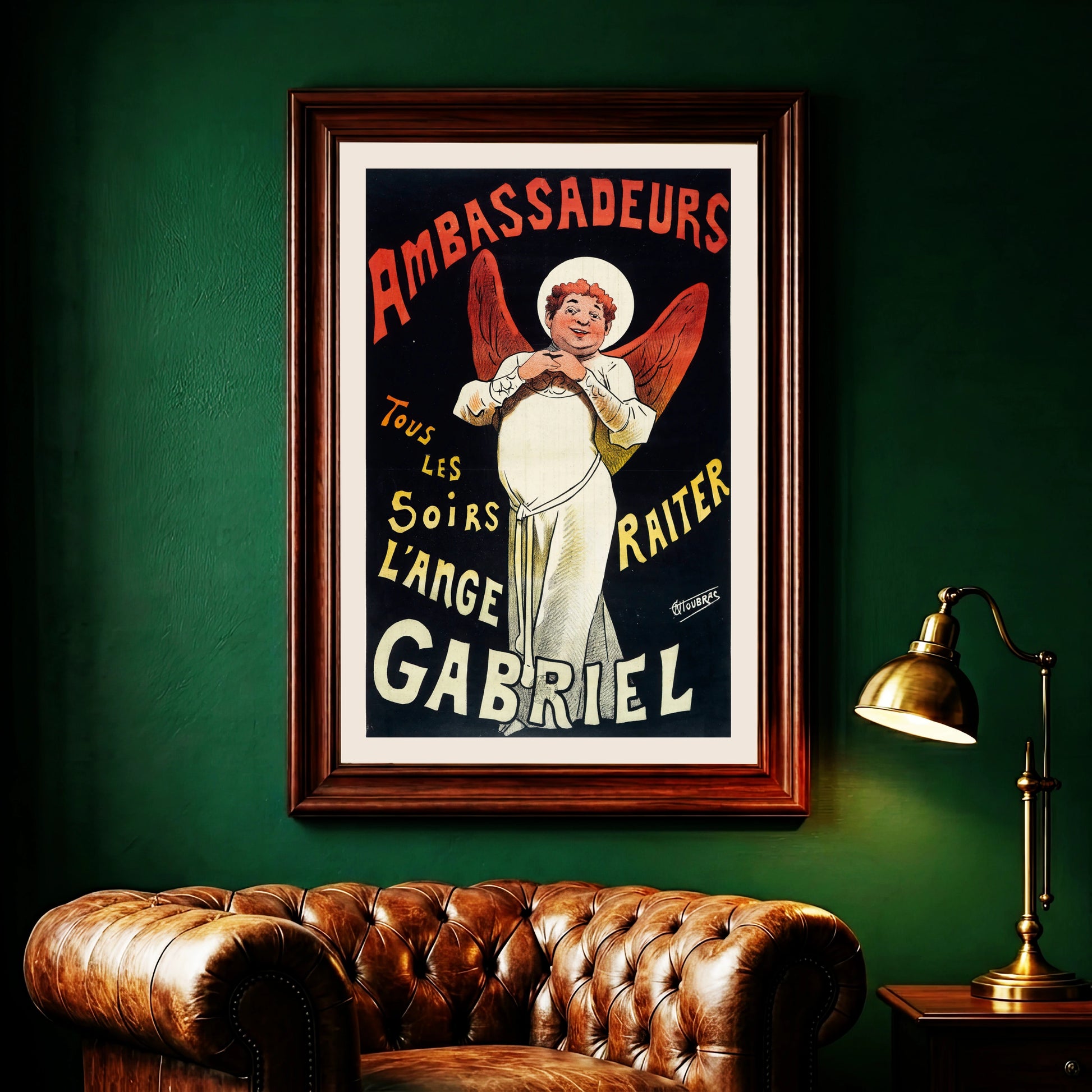 Historisches Werbeposter der Belle Époque mit der Aufschrift L'Ange Gabriel und markanter Typografie.