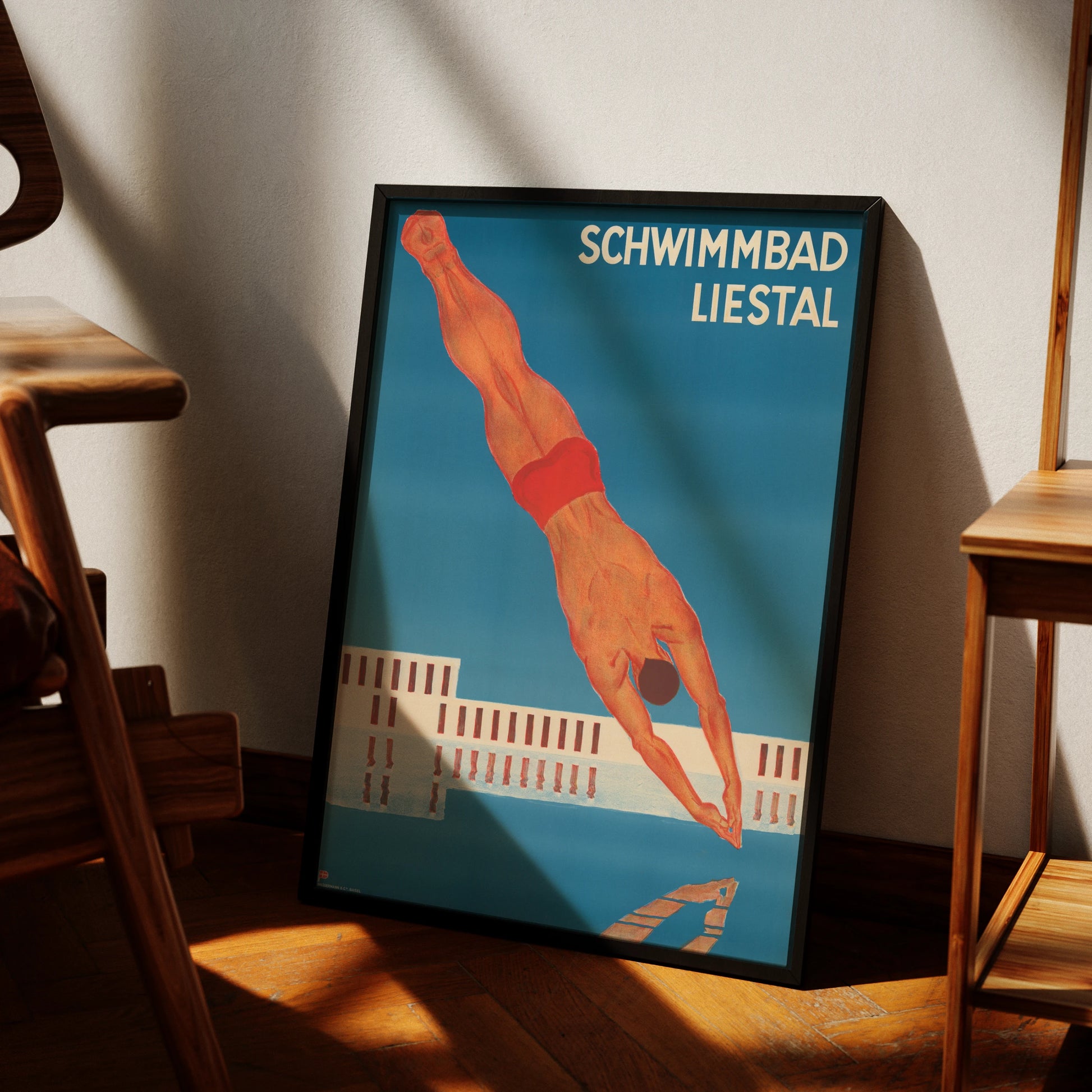 Detailgetreue Reproduktion des Schweizer Kunstplakats Schwimmbad Liestal von 1934.