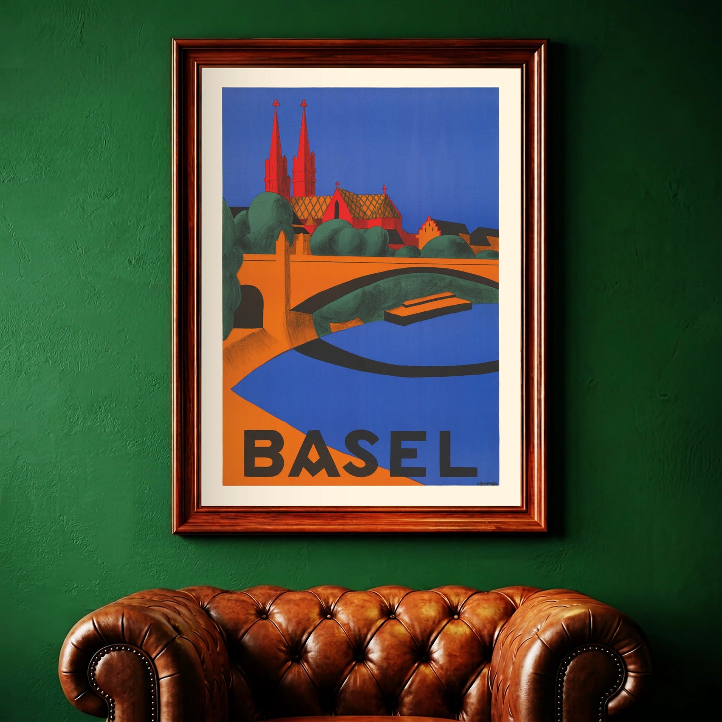Illustration der Mittleren Brücke in Basel und dem Rhein in Blau von Hedwig Thoma.