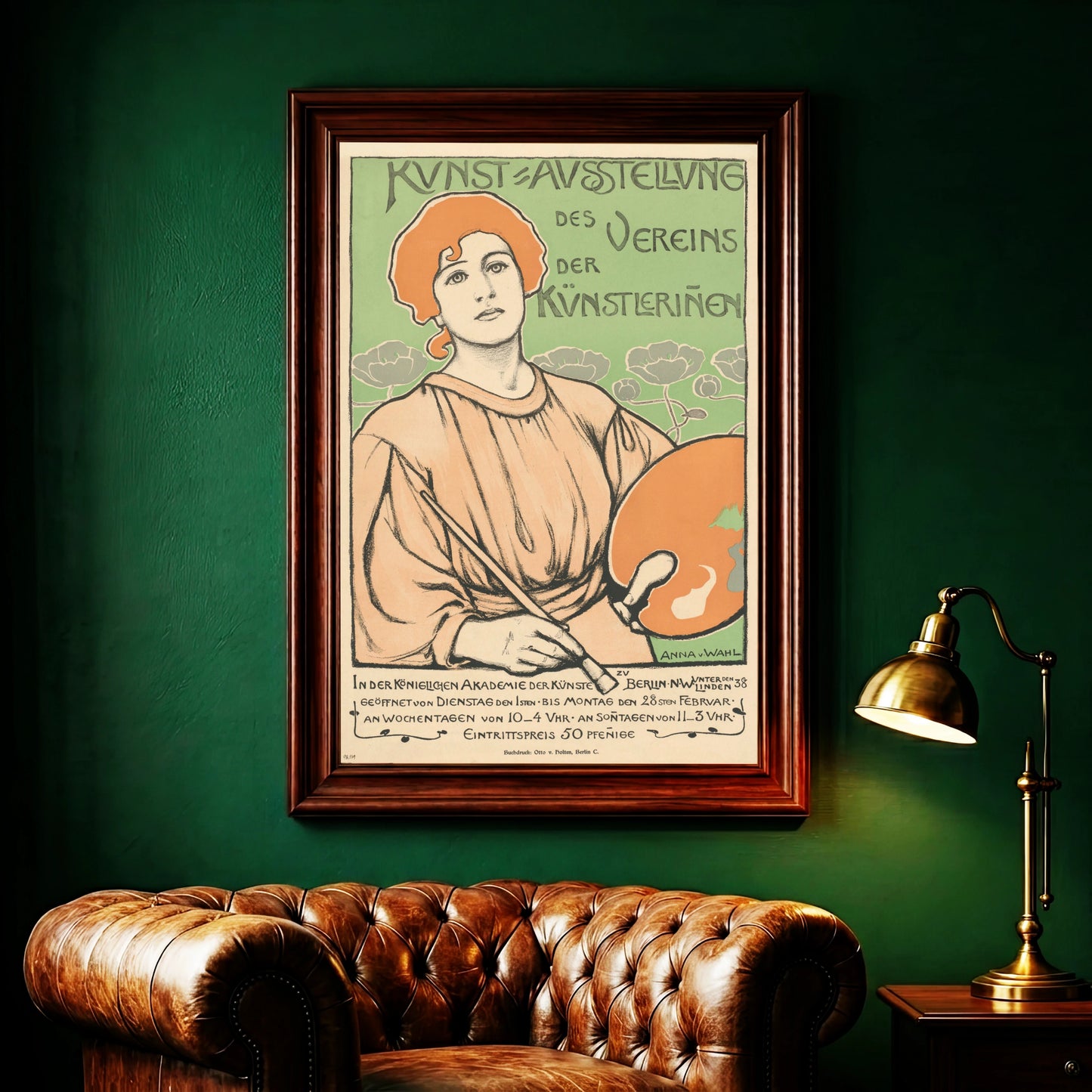 Jugendstil Poster Verein der Künstlerinnen Berlin in sanften Grün- und Erdtönen.