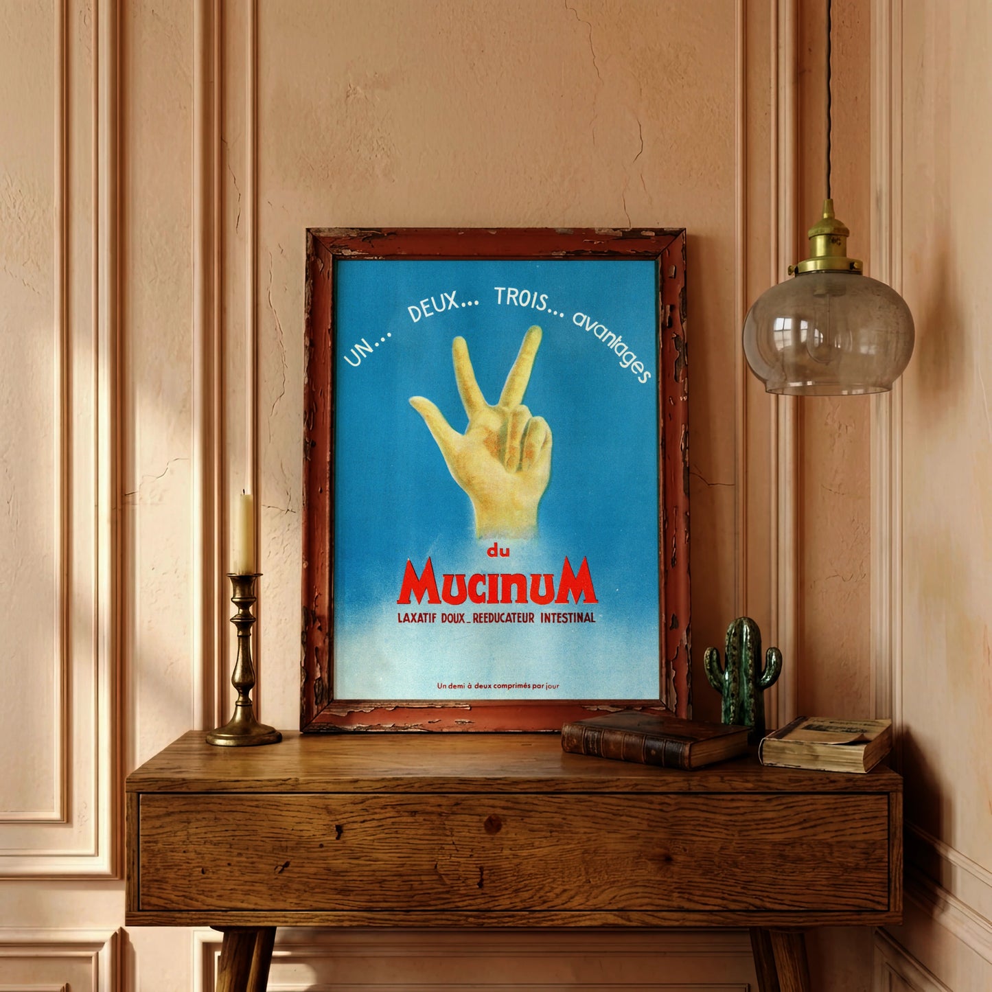 Grafisches Kunstplakat mit Handgeste und blauem Farbverlauf im Vintage-Stil.