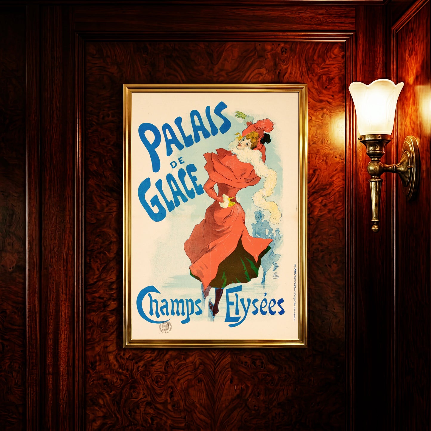 Art Nouveau Grafik einer Eiskunstläuferin auf den Champs-Élysées in Paris