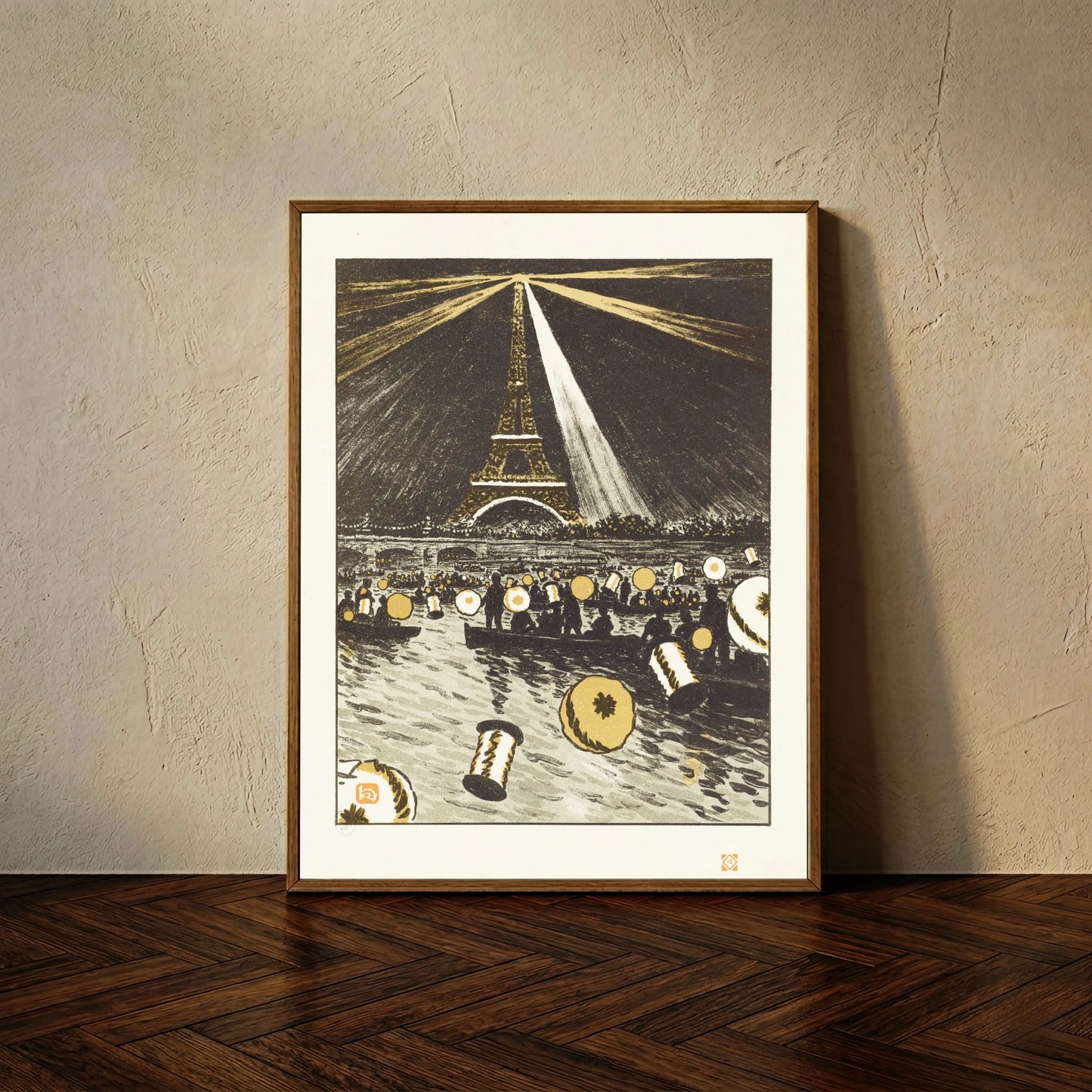 Historisches Poster vom 14. Juli in Paris mit Booten und Lampions auf dem Fluss.