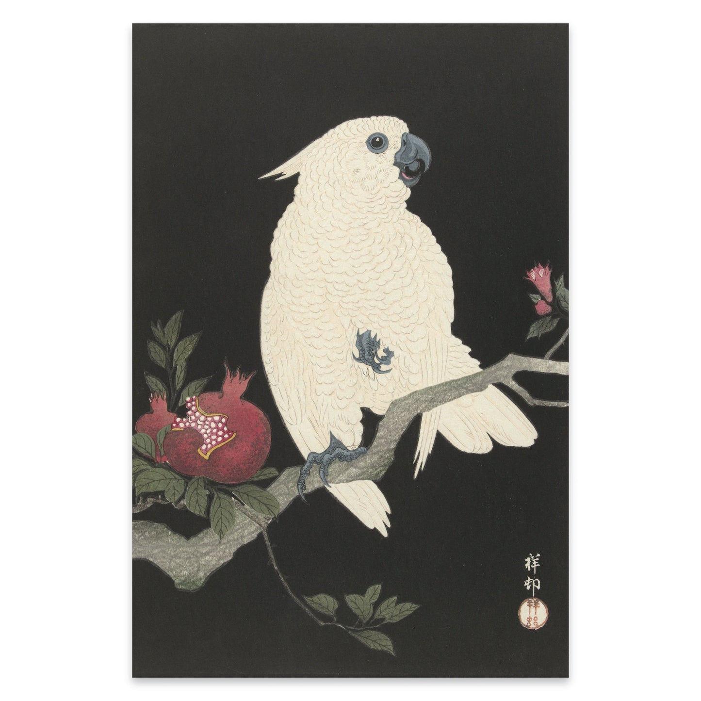 Japanisches Kacho-ga Motiv: Weißer Vogel auf dunklem Grund von Künstler Ohara Koson.