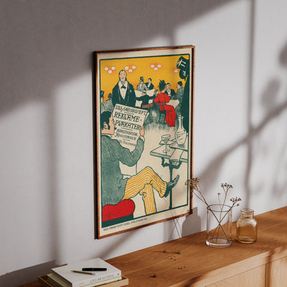 Farbiges Werbeplakat von 1895 für Wilhelm Söborg mit einer belebten Café-Szene und Gästen in festlicher Kleidung.