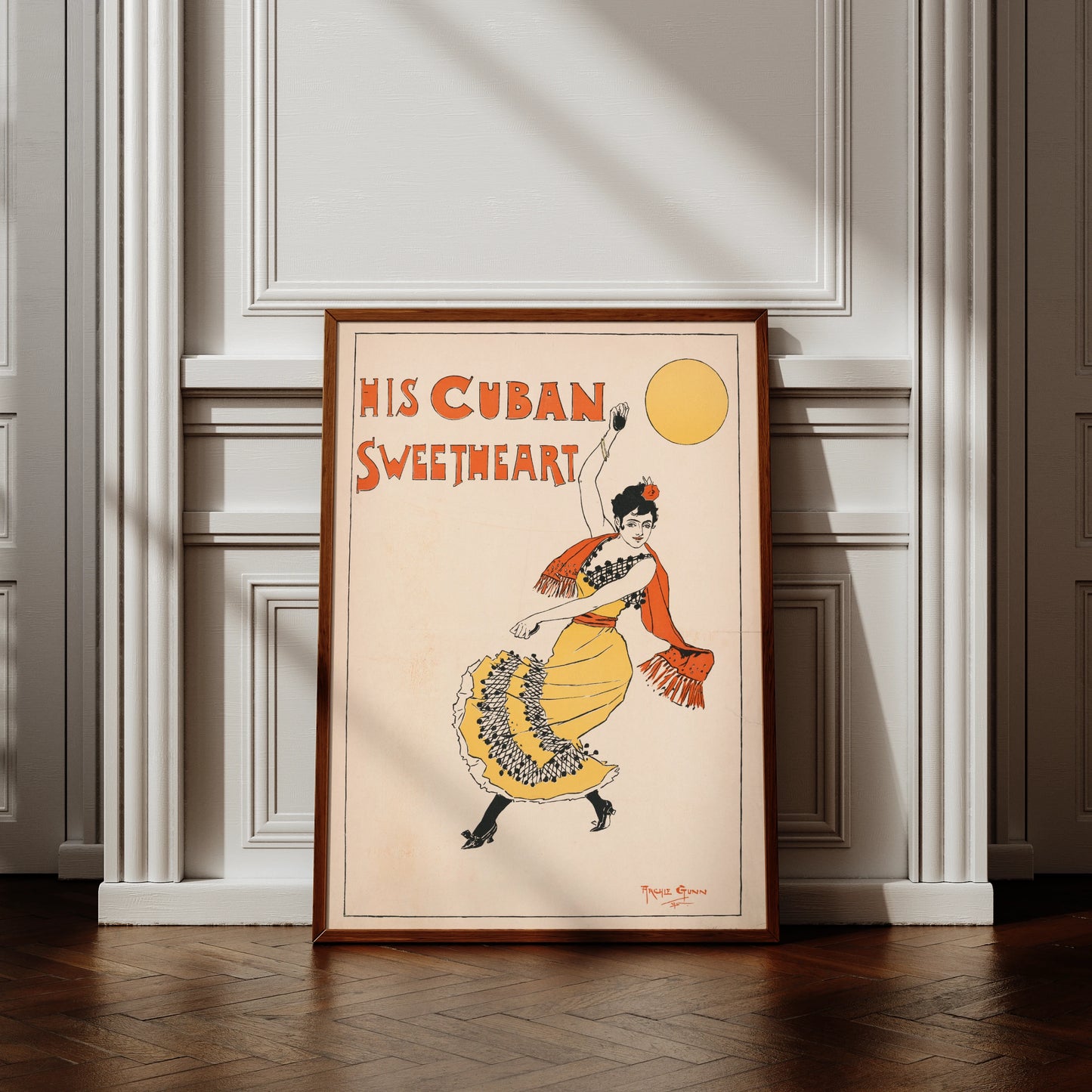 Historisches Kunstplakat von Archie Gunn mit einer kubanischen Tänzerin und gelber Sonne.