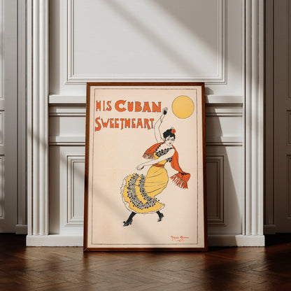 Historisches Kunstplakat von Archie Gunn mit einer kubanischen Tänzerin und gelber Sonne.