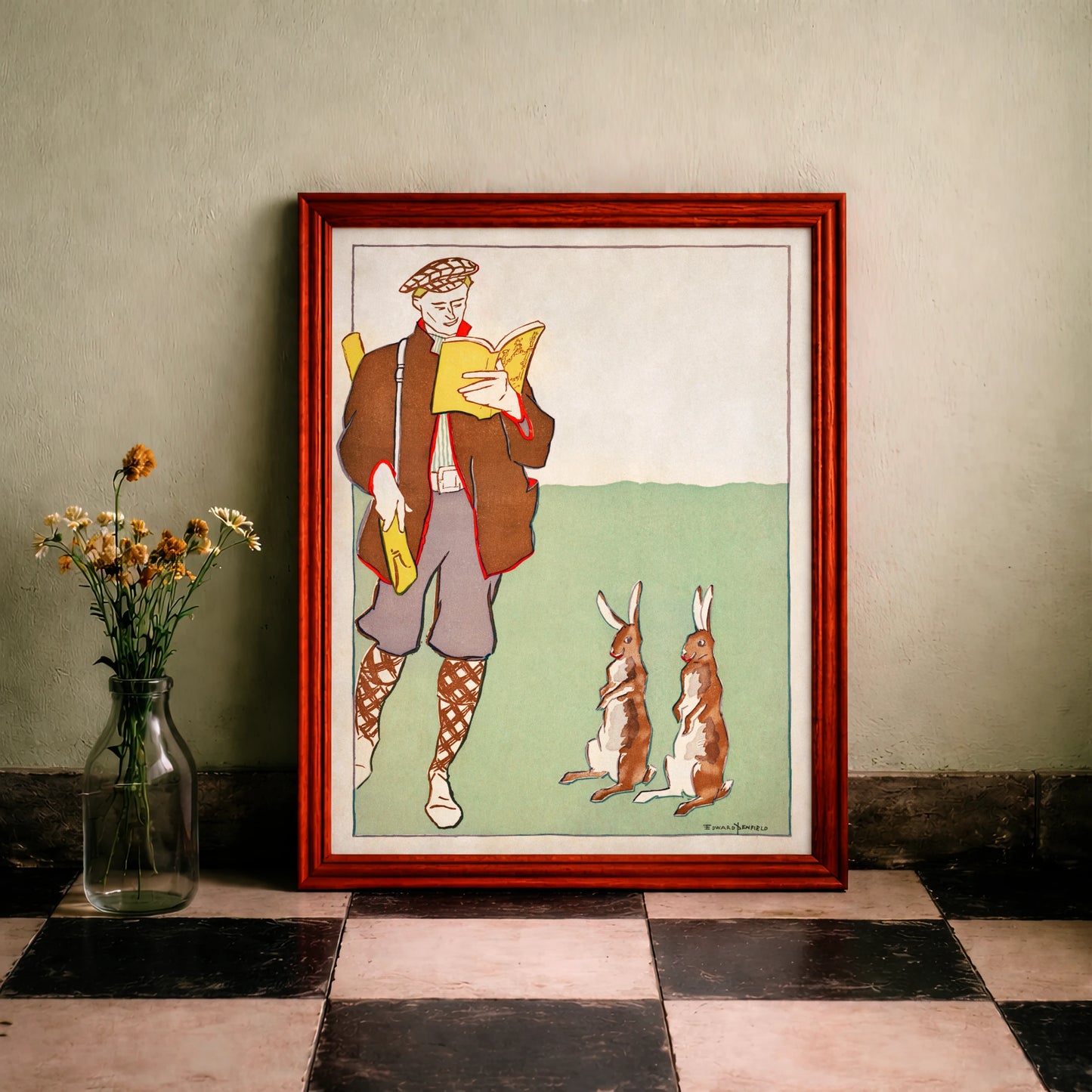Vintage Kunstdruck eines Mannes in historischer Jagdkleidung mit zwei aufrechten Hasen.