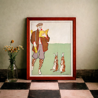 Vintage Kunstdruck eines Mannes in historischer Jagdkleidung mit zwei aufrechten Hasen.