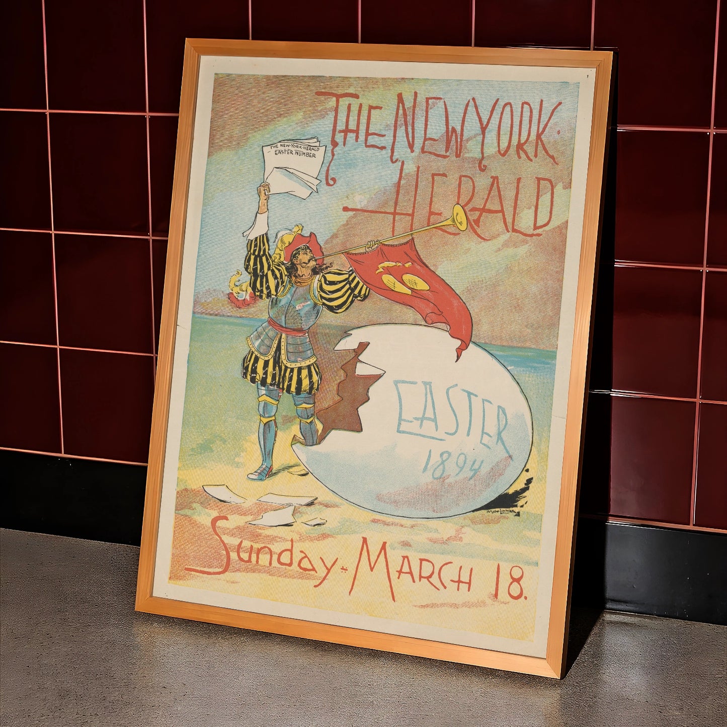 Detailreiche Zeichnung eines Ritters mit Federhut und Gestreiftem Wams auf einem Vintage-Plakat.