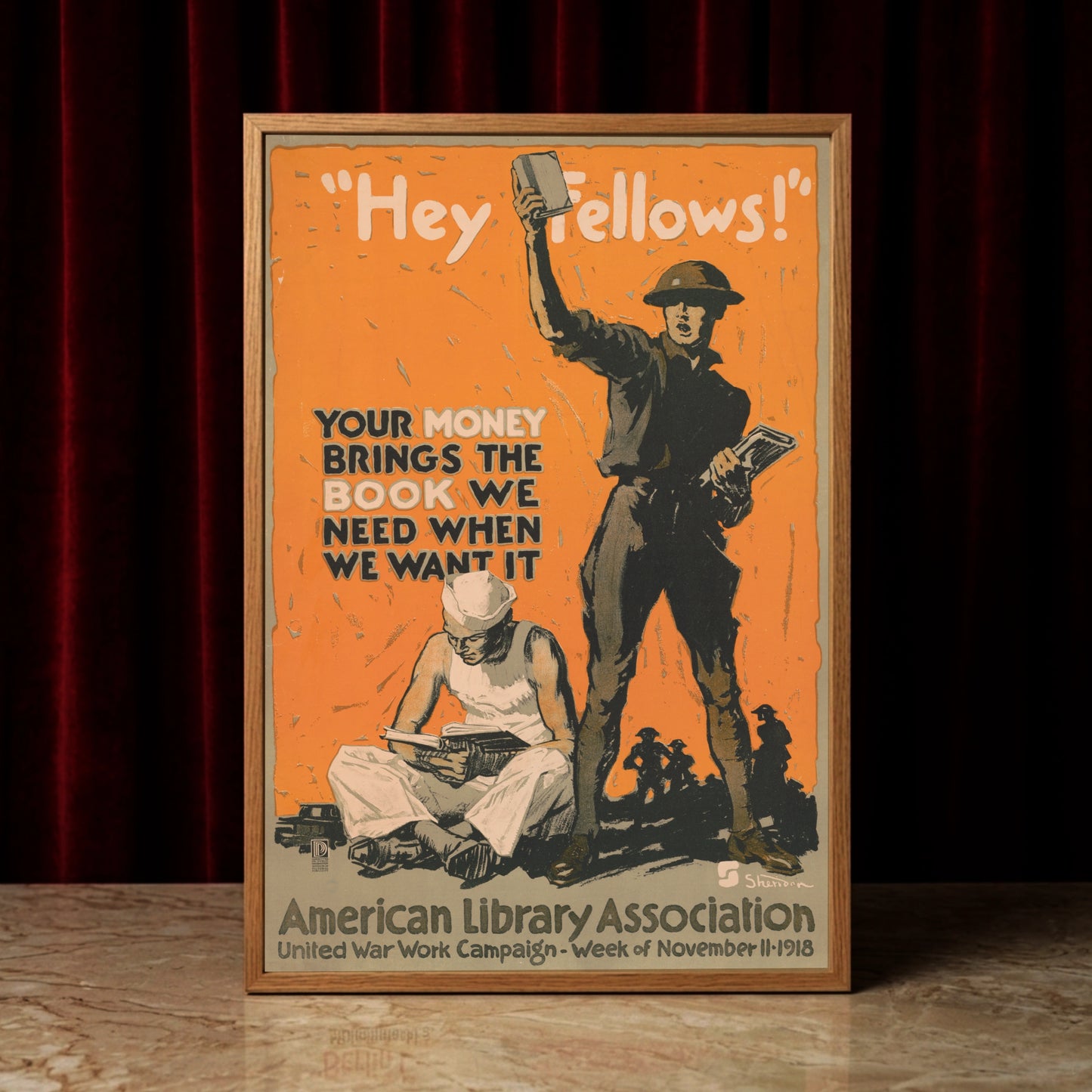 Grafisches Retro-Poster in Orange und Schwarz mit Leseszenen von Soldaten.
