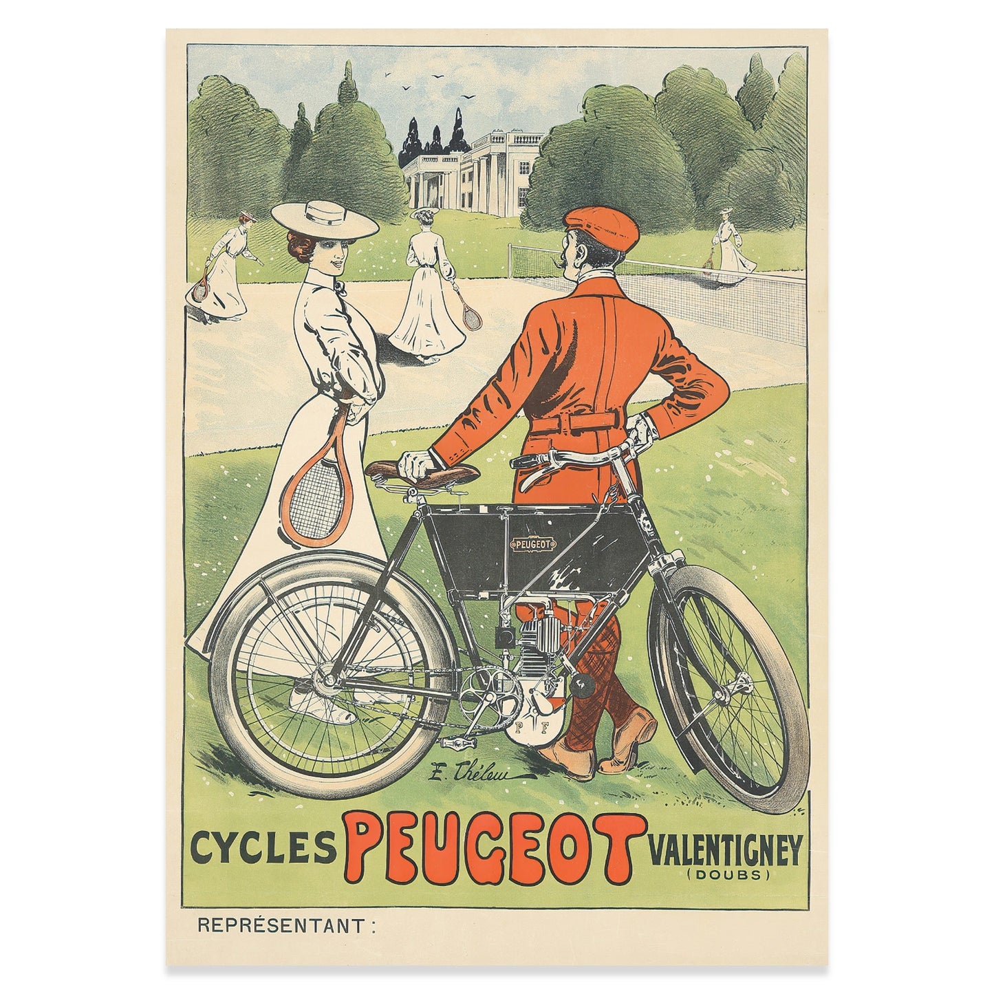 Retro-Druck Cycles Peugeot Valentigney in den Farben Grün, Rot und Schwarz.