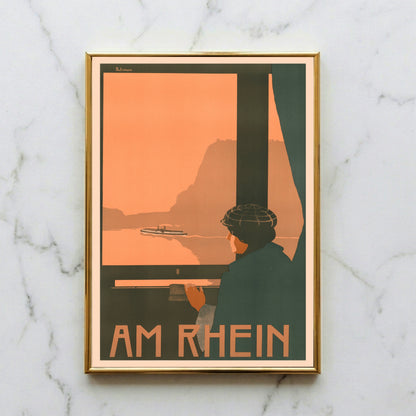 Historisches Reiseplakat in Orange- und Brauntönen zeigt eine Rheinlandschaft mit Schiff bei Sonnenuntergang.