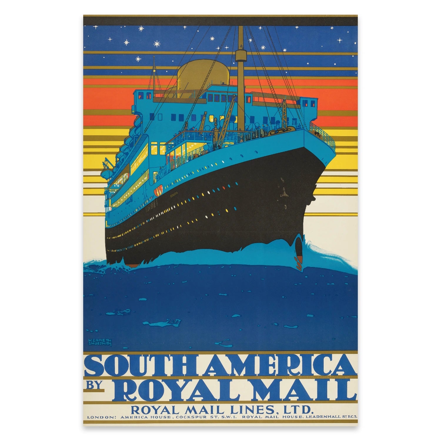 Schiffs-Illustration im Art déco Stil von Kenneth Shoesmith für Royal Mail Lines.